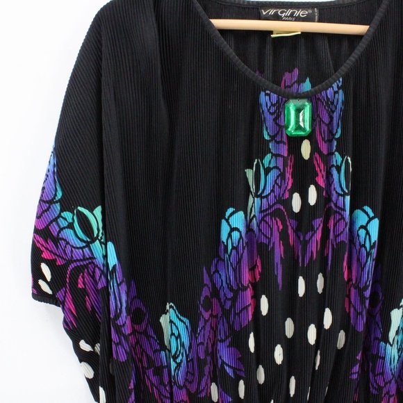 Vintage Virginie Paris Blouse Top Womens Black Art Graphic Nylon Size XL 80s - Picture 3 of 10